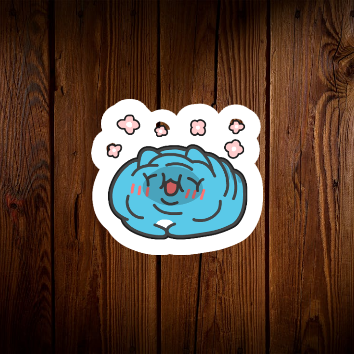 Mèo Capoo trong hình đang thể hiện một biểu cảm vô cùng thích thú và hài hước. Với thân hình tròn trịa như một quả bóng lông xù, Capoo đang cuộn tròn lại, đôi mắt híp lại đến mức chỉ còn một đường kẻ nhỏ, miệng thì há rộng cười toe toét để lộ hàm răng trắng muốt. Hai má phúng phính ửng hồng càng làm tăng thêm vẻ đáng yêu của Capoo. Xung quanh Capoo là những bông hoa nhỏ xinh đang nở rộ, tạo nên một khung cảnh tươi vui và lãng mạn. Tư thế cuộn tròn của Capoo gợi lên hình ảnh một chú mèo con đang tận hưởng giấc mơ ngọt ngào, nhưng lại mang đến cảm giác thích thú, phấn khích hơn là thư giãn