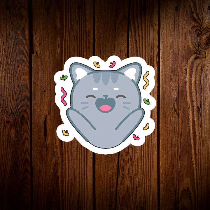 Trong hình ảnh, chúng ta thấy một chú mèo xám nhỏ đang cười rất tươi. Đôi mắt tròn xoe của chú mèo mở to, miệng há rộng để lộ hàm răng trắng sáng, và những chiếc râu rung rinh. Toàn bộ cơ thể chú mèo như đang rung lên vì cười. Xung quanh chú mèo là những mảnh giấy màu sắc bay lượn, tạo nên một không khí vui tươi và náo nhiệt.