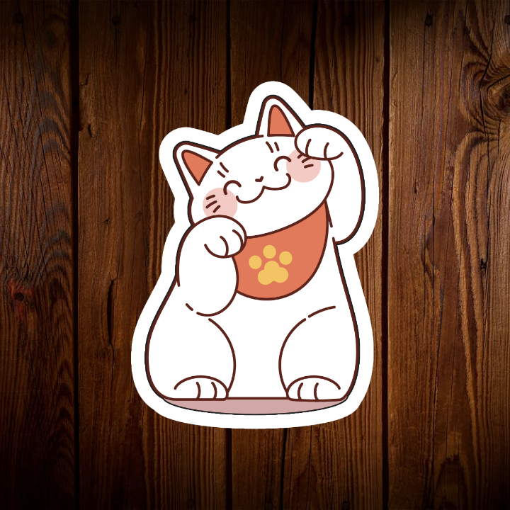 Thiết kế chú mèo thần tài này mang đến một cảm giác tươi mới và tràn đầy sức sống. Với thân hình tròn trịa, mũm mĩm, chú mèo đang trong tư thế vươn vai đầy hứng khởi. Đôi mắt tròn xoe, miệng cười toe toét và đôi má hồng hào thể hiện sự vui vẻ và lạc quan. Bộ lông trắng muốt nổi bật với chiếc yếm màu cam có hình bàn chân mèo, tạo điểm nhấn đáng yêu. Tư thế đứng thẳng, hai tay giơ lên cao như đang chào đón những điều tốt đẹp. Toàn bộ hình ảnh toát lên một năng lượng tích cực và sự may mắn.