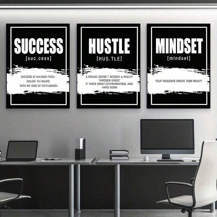 Tranh động lực Success - Hustle - Mindset trắng đen